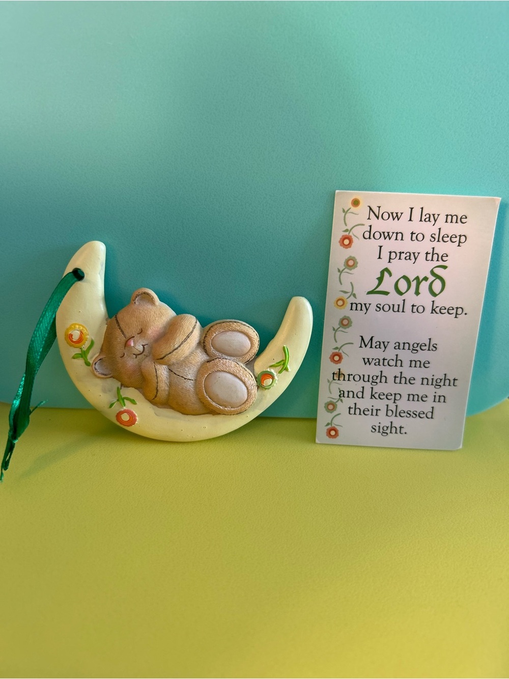 Sleeping Bear on Crescent Moon Ornament Children Now I Lay Me Down To Sleep